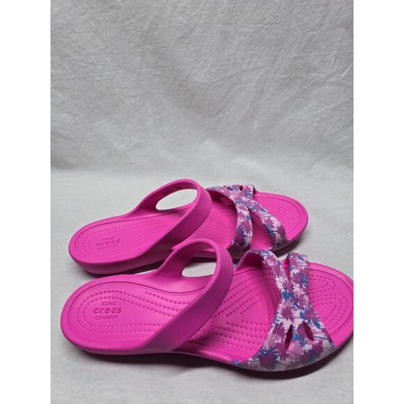 Crocs Kelli Women’s Size 8- Pink Palm Trees Flats Comfort Shoes Sandals - Picture 3 of 8